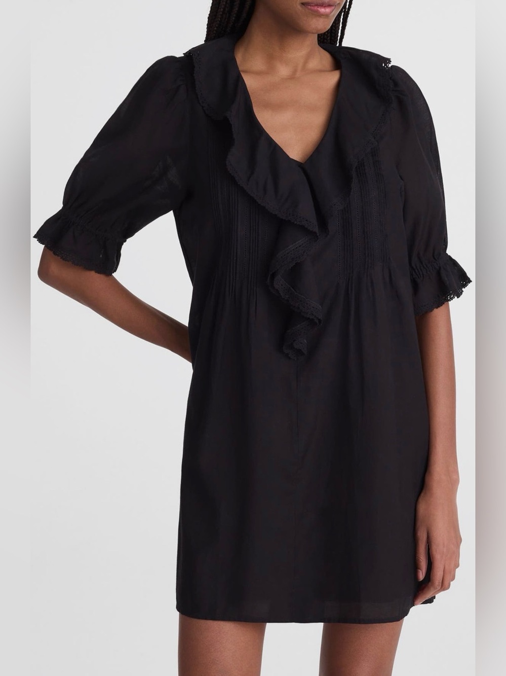 NWT Madewell The Blair Black Ruffle V-Neck Mini cotton Dress size Small